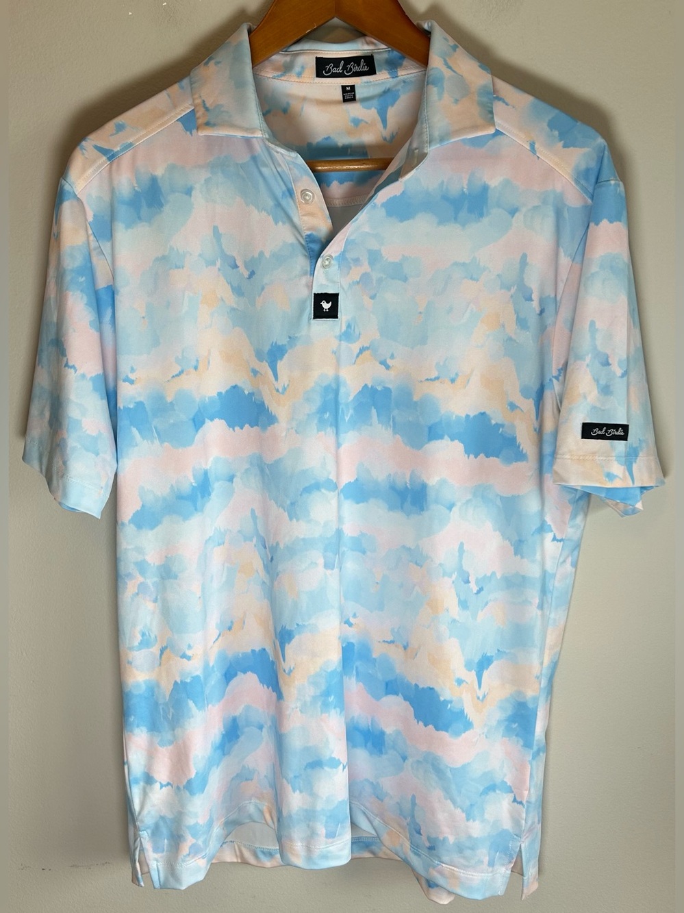 Bad Birdie Men’s Cotton Candy Golf Polo Shirt Sz M Pastel Blue Pink Short Sleeve